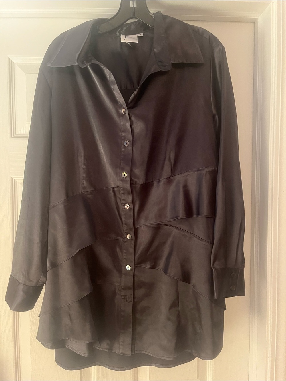 Finley Charcoal Satin Button-Front Tunic Blouse